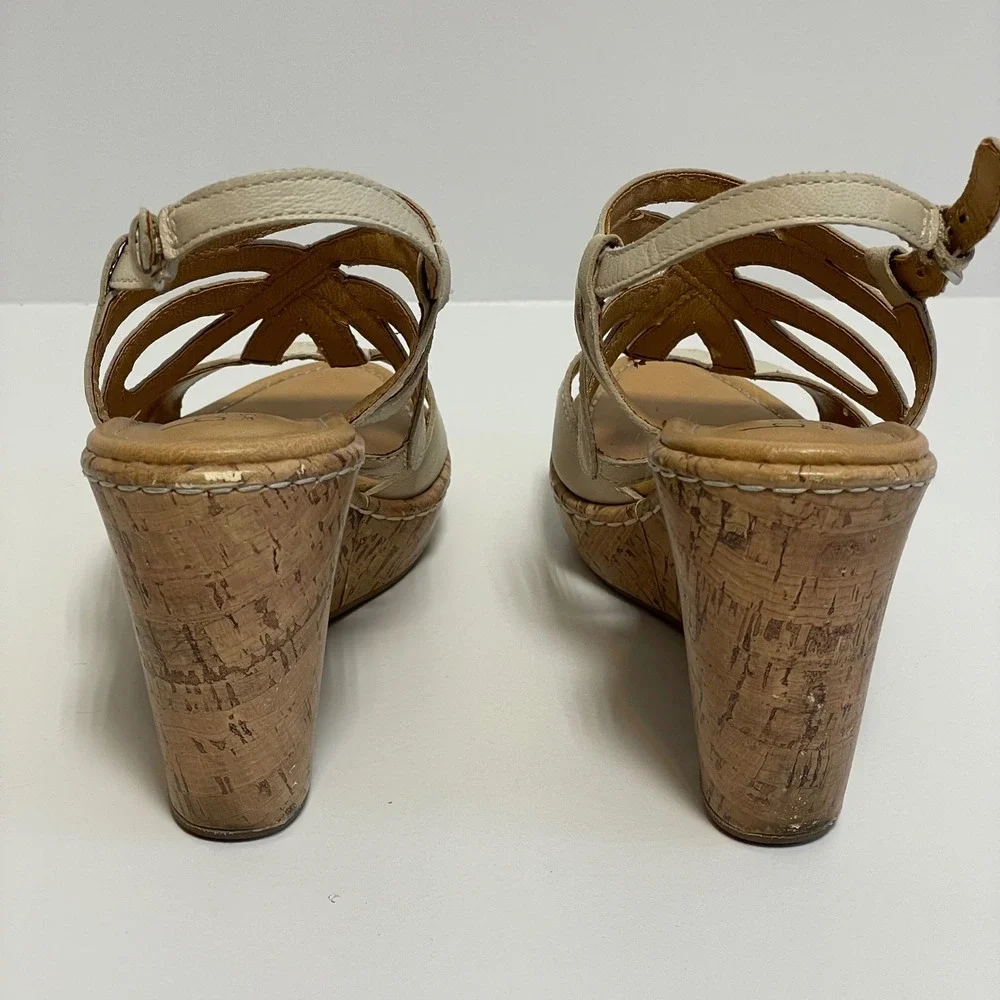 Boc Born Concept Cream Leather Cork Wedge Sandals‎ Women's Size 9